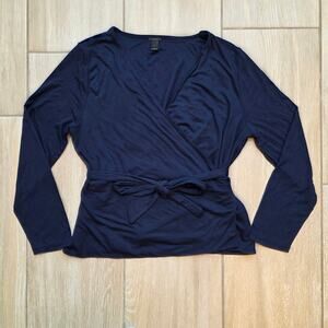 J.Crew Wrap Top Women Small Navy Blue Tie Waist Long Sleeve V Neck Soft